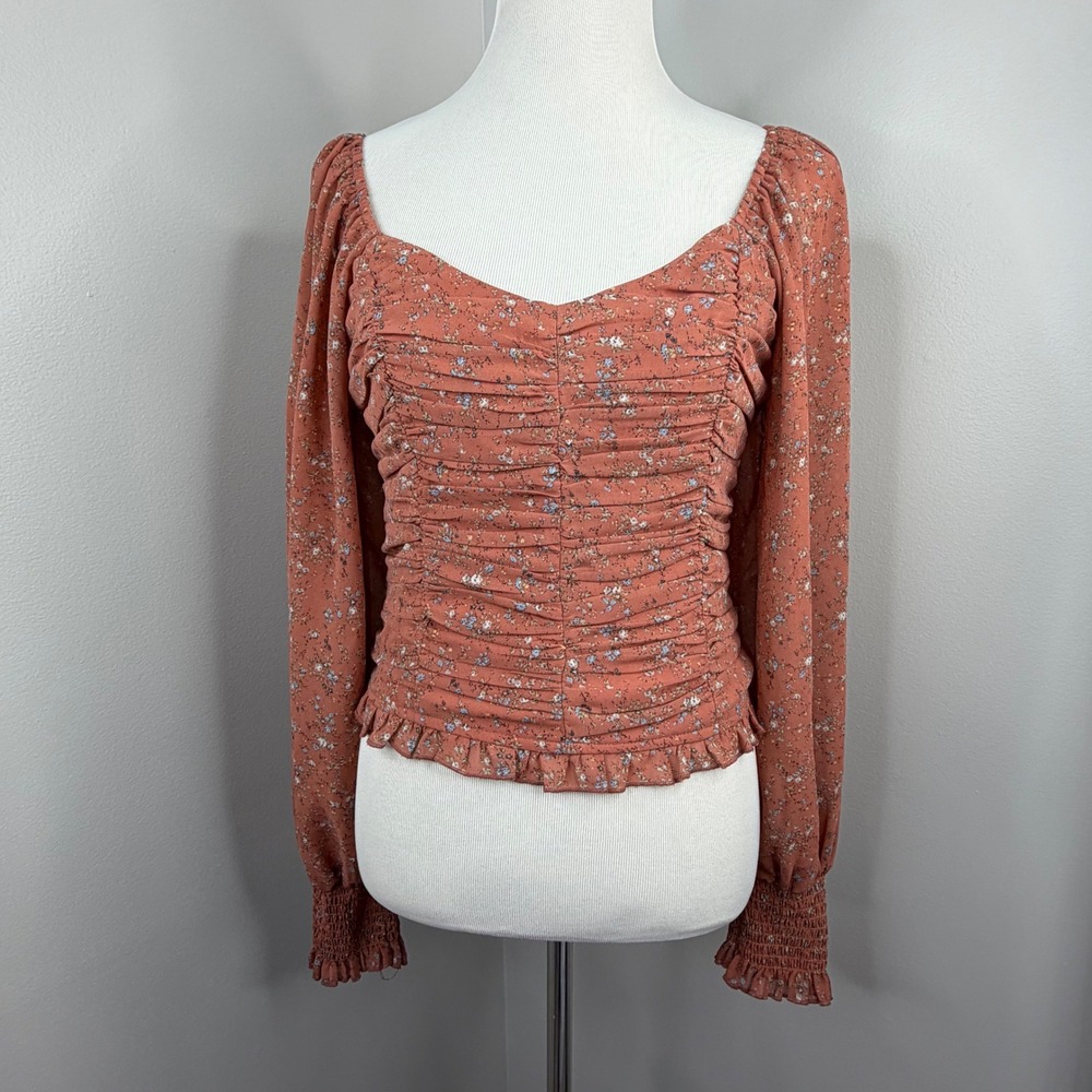 Promesa Rust Floral Ruched Long Sleeve Blouse Square Neck Smocked Cuff Medium
